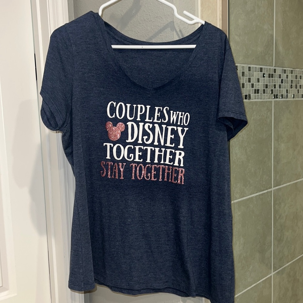Disney Parks Couple American Apparel Navy & Rose Gold Glitter t-shirt size XL